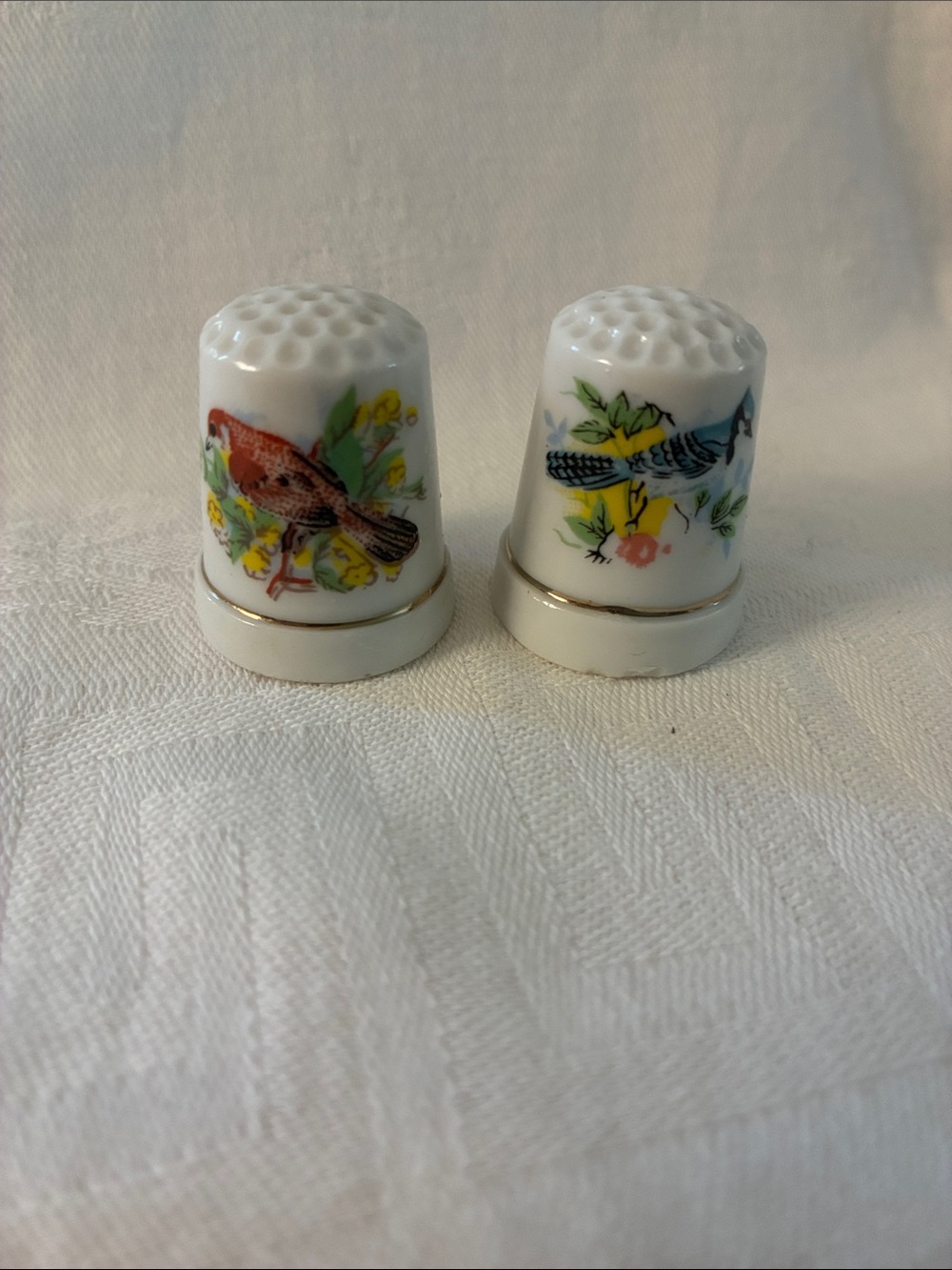 Vintage Porcelain Bird Thimble Set of 2 Bird and Floral Accents Gold trim